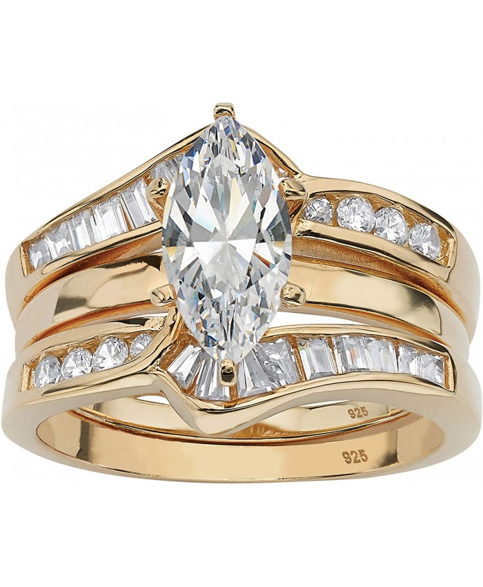 18K Yellow Gold over Sterling Silver Marquise Cut Cubic Zirconia 2 Piece Jacket Bridal Ring Set