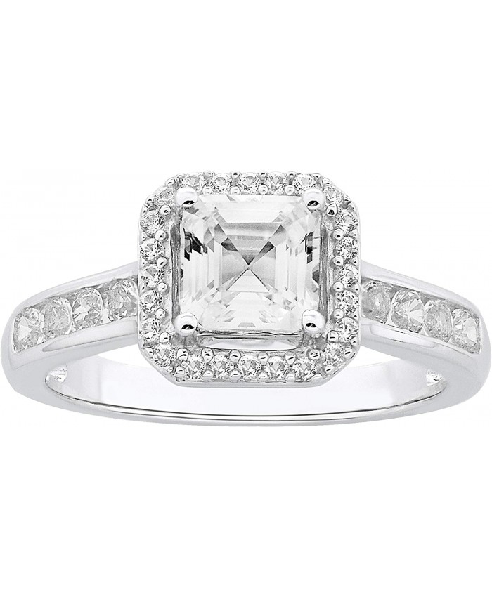 925 Sterling Silver Lab Square Emerald Cut Created White Sapphire Halo Engagement Ring |