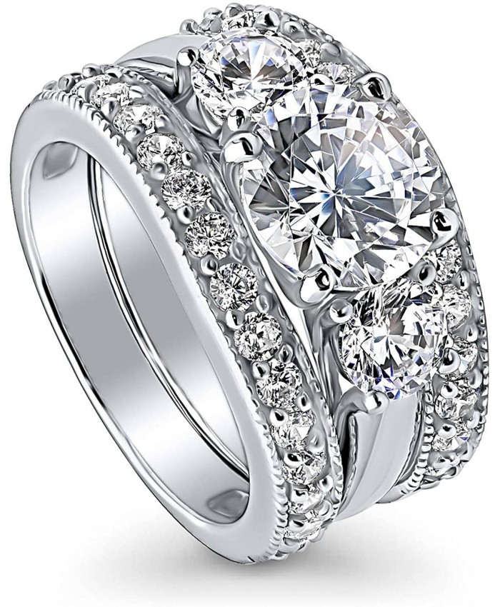 BERRICLE Rhodium Plated Sterling Silver Round Cubic Zirconia CZ 3-Stone Anniversary Wedding Engagement Ring Set 4 CTW