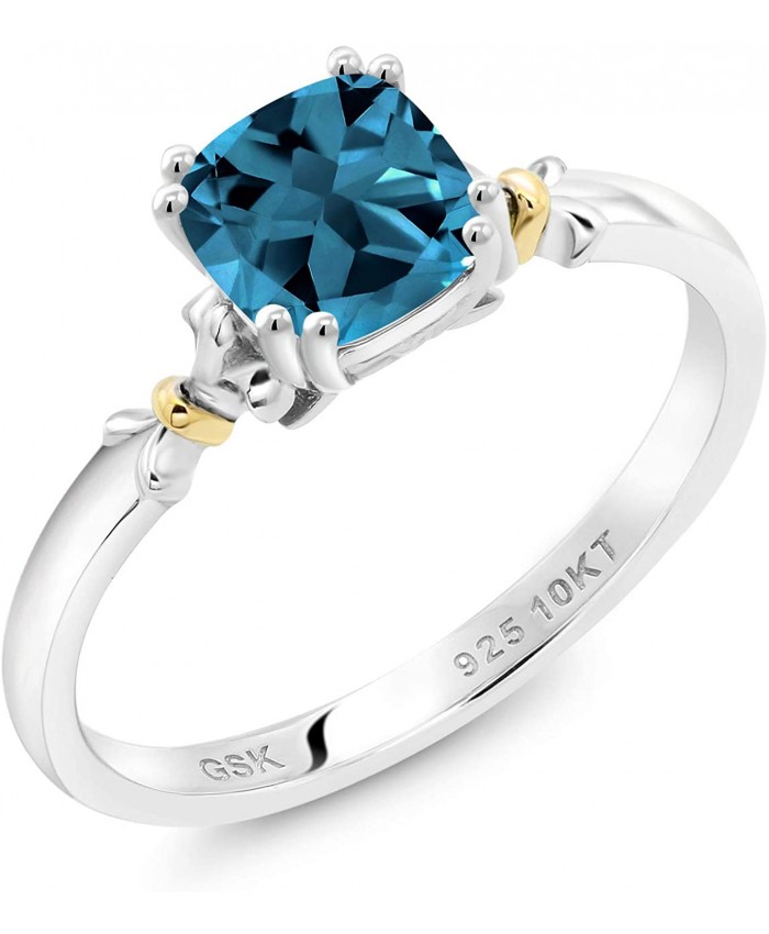 Gem Stone King 925 Silver and 10K Yellow Gold London Blue Topaz Women's Women Engagement Ring 1.18 Cttw Gemstone Birthstone 6MM Cushion Available in size 5 6 7 8 9 |
