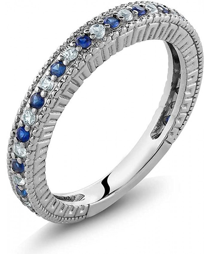Gem Stone King 925 Sterling Silver Ladies Anniversary Wedding Band Ring Blue Simulated Sapphire and White Created Sapphire 0.48 Carat Available 5 6 7 8 9