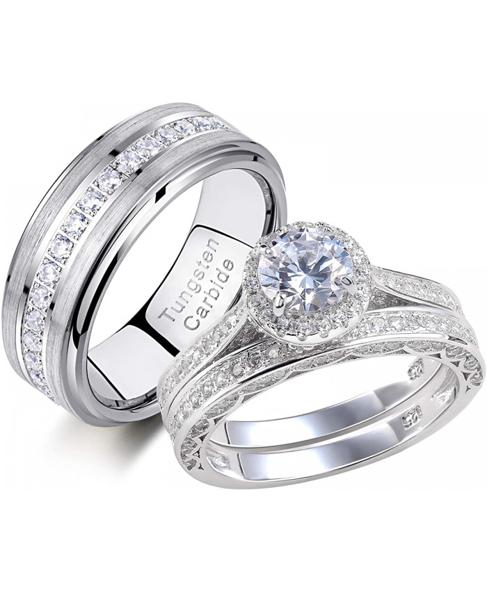 Newshe Wedding Rings Set for Him and Her Women Mens Tungsten Bands Round Cz 3Ct Sterling Silver 10&7