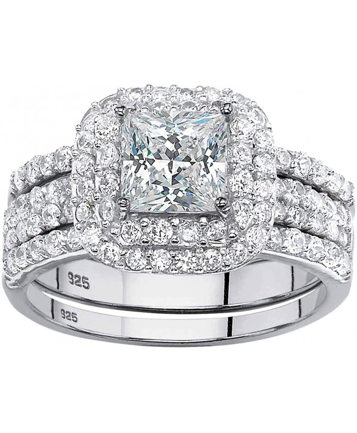Platinum over Sterling Silver Princess Cut Cubic Zirconia Halo 3 Piece Bridal Ring Set