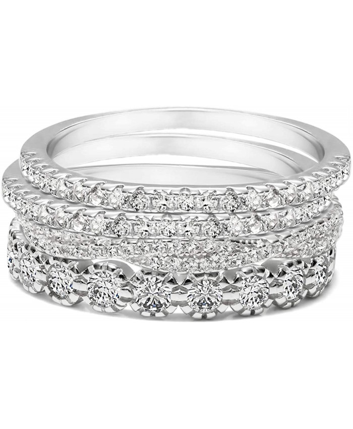 TwoBirch 18k White Gold Micro-Plated 4-Piece Ring Set with Cubic Zirconia Stacking Ring Set 925 Silver Sizes 6 7 8 9