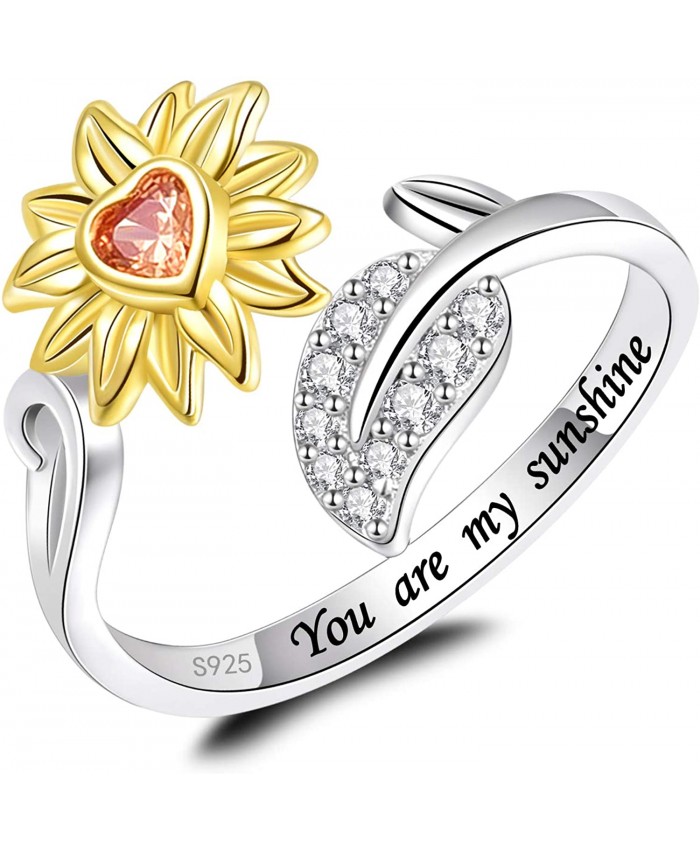 You Are My Sunshine Sunflower Ring for Women S925 Sterling Silver I Love You Forever Promise CZ Heart Ring Adjustable Wrap Open Ring
