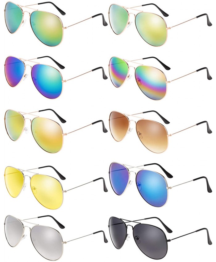 10 Pieces Classic Mirrored Flat Lens Sunglasses Mirrored Lens Metal Frame Sunglasses for Men Women