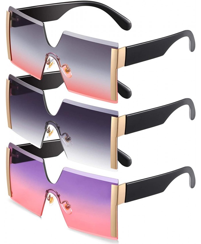 3 Pieces Oversized Square Sunglasses Women Fashion Rimless Frame Glasses Transparent Eyewear Gray Purple and Pink Gray and Pink