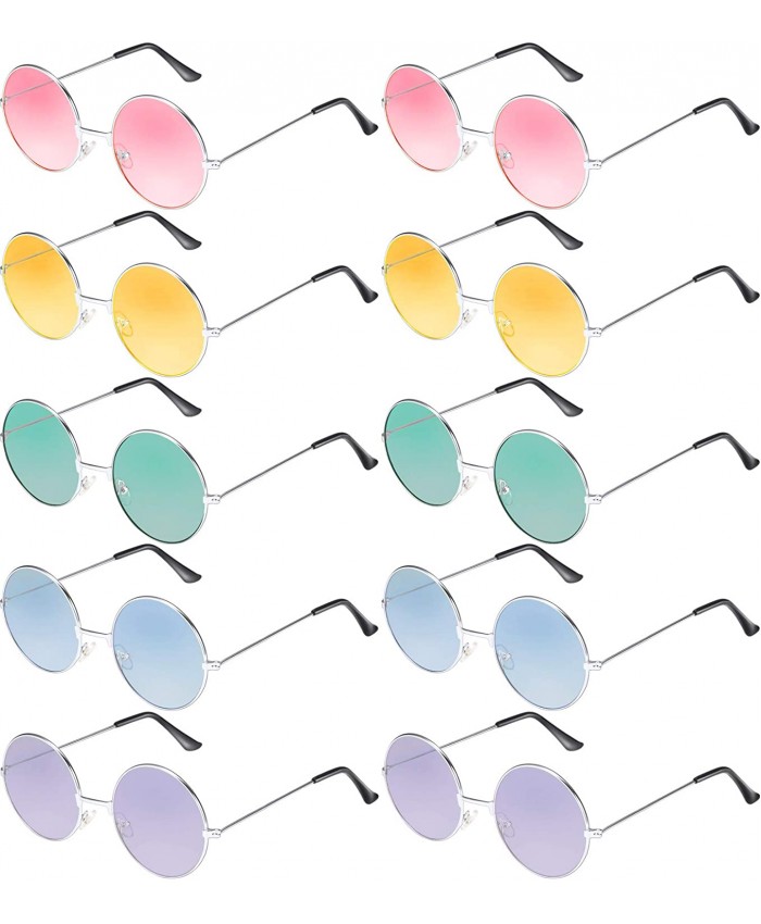 Blulu 10 Pairs Round Hippie Sunglasses John 60's Style Circle Colored Glasses Silver Frame