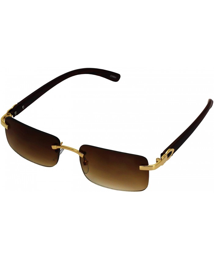 Elite Slim Rimless Rectangular Metal & Wood Art Aviator Sunglasses Brown