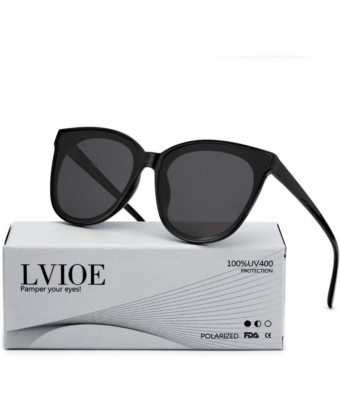 LVIOE Polarized Oversized Frame 100%UV Protection Fashion Cateyes Style Sunglasses Eyewear for Women Black Black