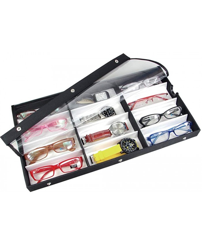 Ikee Design Small Medium 12 Compartment Eyewear Shades Case for Eyeglasses Sunglasses Watches Jewelry with Vinyl Clear Top Lid 19”w x 10”D x 1 1 2”H