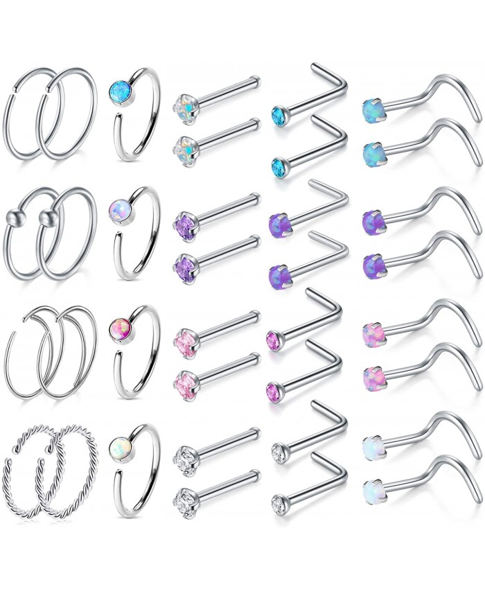 20G Nose Ring Hoop Surgical Steel Nose Studs Screw L-Shaped Nostril Hoops Piercing Jewelry Set for Women Men Girls Nose Rings