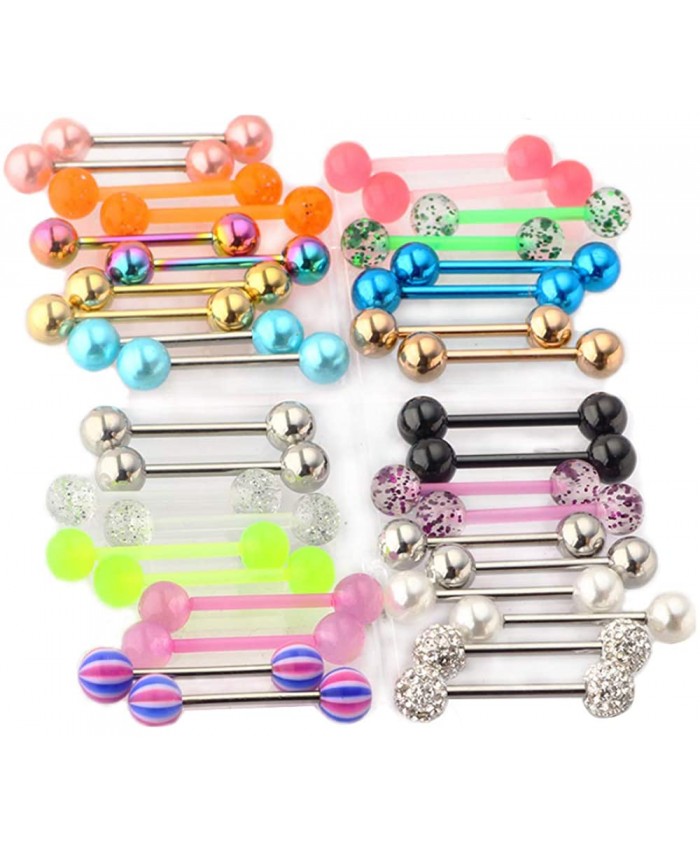 40pcs 14G Mix-Color Stainless Steel Straight Barbell Tongue Rings Bars Piercing 5 8 Length Acrylic Glow In Dark Flexible Retainer Body Jewelry For Women Men