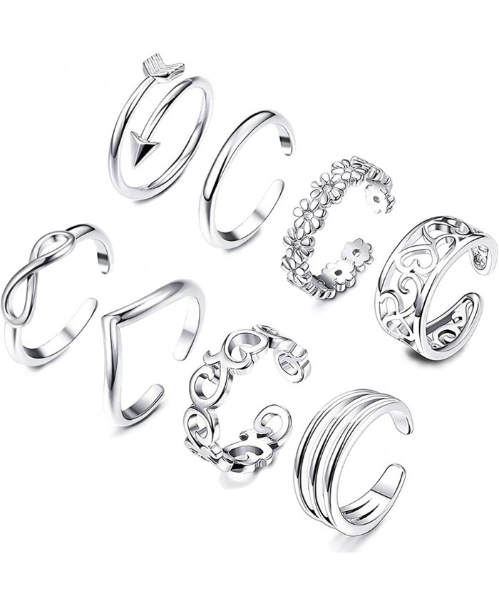 8PCS Open Toe Rings Set for Women Hypoallergenic Adjustable Flower Knot Simple Arrow Fingers Joint Tail Ring Band Sandals Foot Jewelry