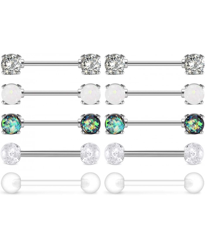 AceFun 5 Pairs Nipple Rings Stainless Steel Straight Barbell Rings Cubic Zirconia Synthesis Opal Nipplerings Body Piercing Jewelry 14 Gauge