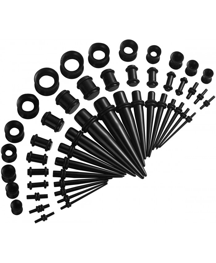 Acrylic Ear Stretching Kit Tapers Plugs Silicone Tunnels Gauges Expander 14G-00G Jewelry 50 Pieces Set black