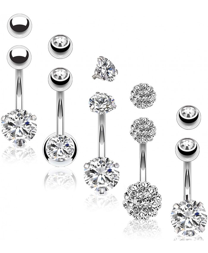 BodyJ4You 5PC Belly Button Rings 14G Stainless Steel CZ Women Navel Body Piercing Jewelry Set