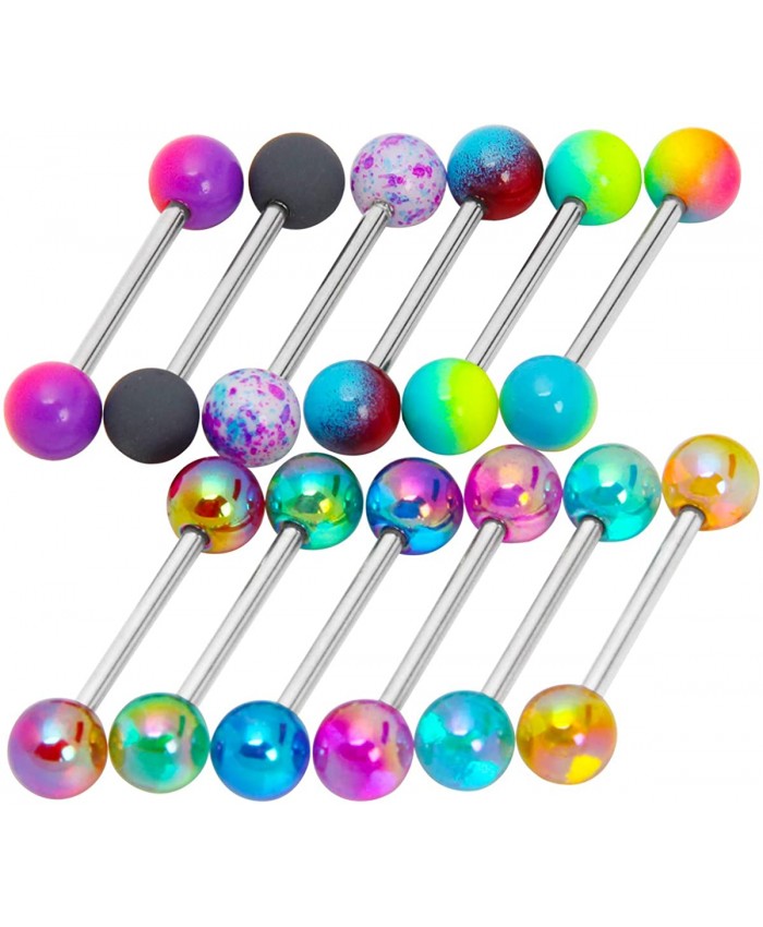 CrazyPiercing 12pcs Colorful Ball Tongue Rings Stainless Steel Barbell Tongue Ring Retainer or Nipple Ring 14G Bar Length 16mm