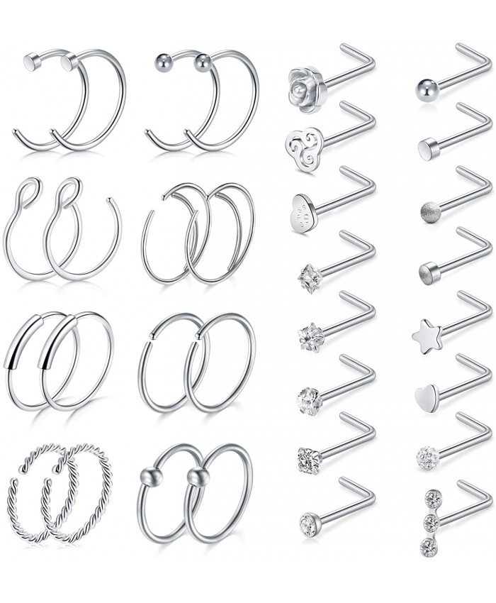 D.Bella 20G 8mm 32pcs Surgical Stainless Steel Nose Rings Hoop L Shaped Bone Screw Nose Rings Studs Nose Piercing Jewelry Set