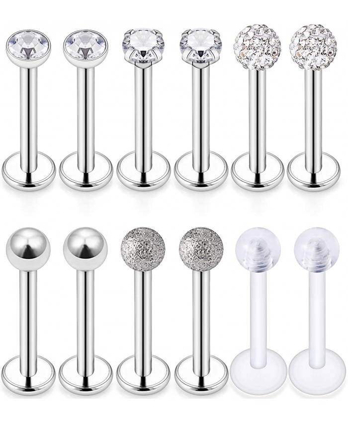 Dyknasz 16G Stainless Steel Labret Studs Monroe Lip Rings Retainer Cartilage Tragus Nail Conch Helix Earring Barbell Piercing Jewelry with Clear Diamond CZ for Women Men Silvertone 6 Pairs