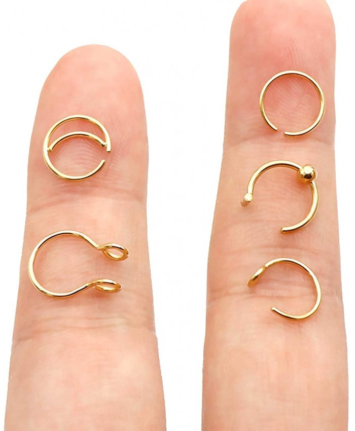 Earmark 20G Gold Fakes Face Nose Rings Hoop Cute 8MM Tiny Thin Non Piercing Fuax Septum Ring 316L Surgical Steel Unpierced Clip-on Side Nose Ring Set for Women Men