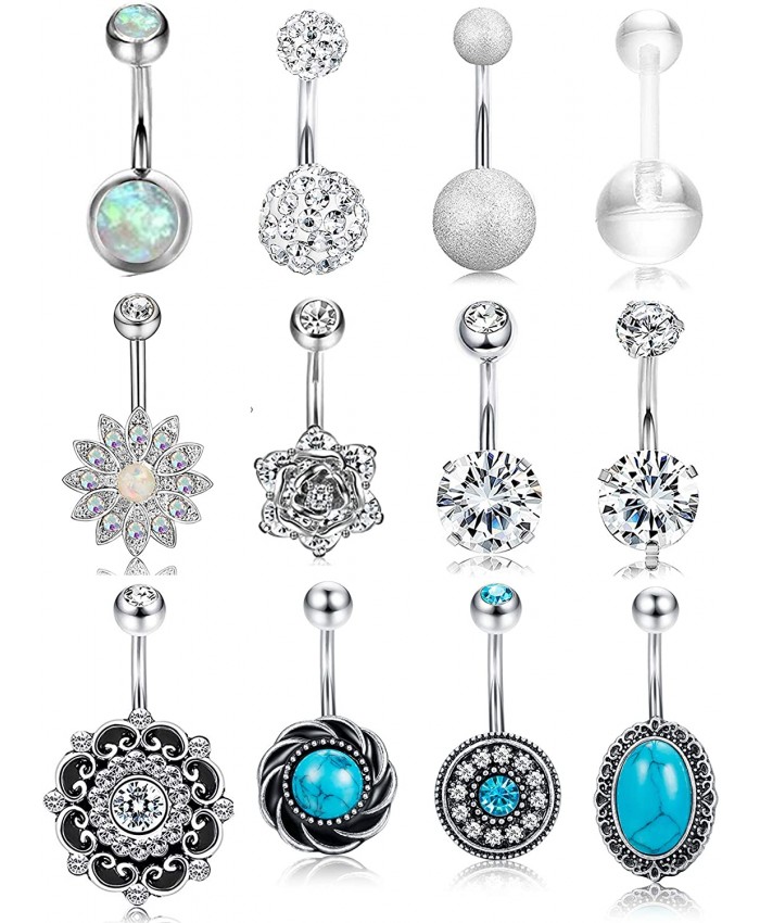 FIBO STEEL 12 Pcs 14G Stainless Steel Belly Button Rings for Women Navel Barbell Body Jewelry Piercing