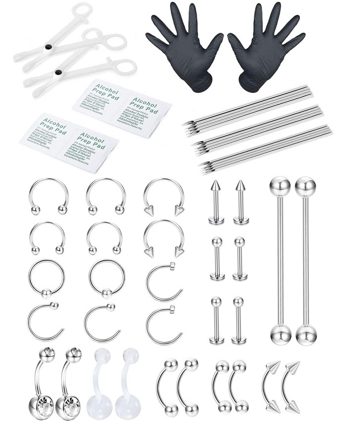 FIBO STEEL 51 Pcs Professional Piercing Kit Stainless Steel Belly Button Rings Tongue Tragus Cartilage helix Daith Rook Nipple Eyebrow Nose Ring Lip Body Jewelry 14G 16G 18G