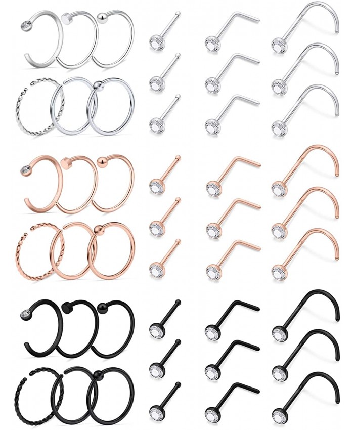 Ftovosyo 20g Nose Rings Studs Surgical Steel Nose Rings Hoop Piercing Jewelry for Women Men Set 45pcs Silver Rose Gold Black L Shaped Screw Nose Stud