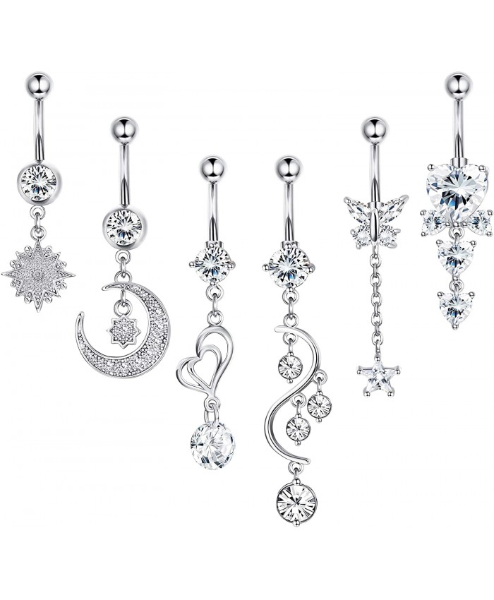 Hanpabum 6Pcs 14G Belly Button Rings Dangle for Women Surgical Steel Navel Rings Body Piercing Jewelry
