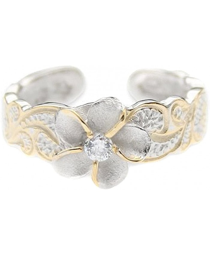Hawaiian Sterling Silver with Yellow Gold Flashed Plumeria Toe Ring with Synthetic CZ Accent