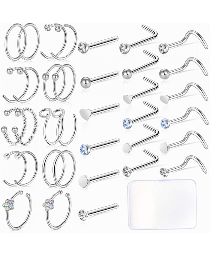 Hazms 36pcs 20G Nose Rings for Women Nose Studs Nose Piercing Jewelry Nose Ring Hoop Screw 316L Stainless Steel for Women Men Style A - 36 Pcs
