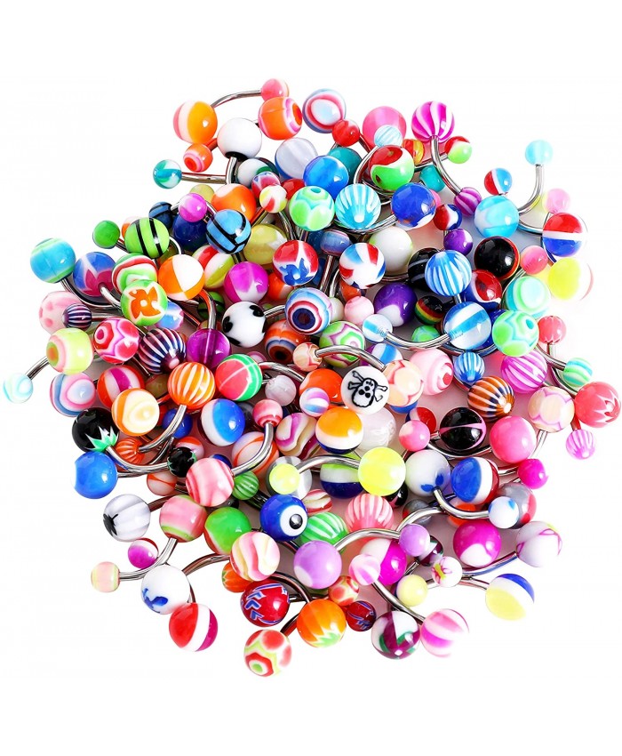 HuayoRong 100 Pieces Belly Button Rings Banana Barbells 14G Surgical Steel Bar Mix Color Body Piercing Jewelry