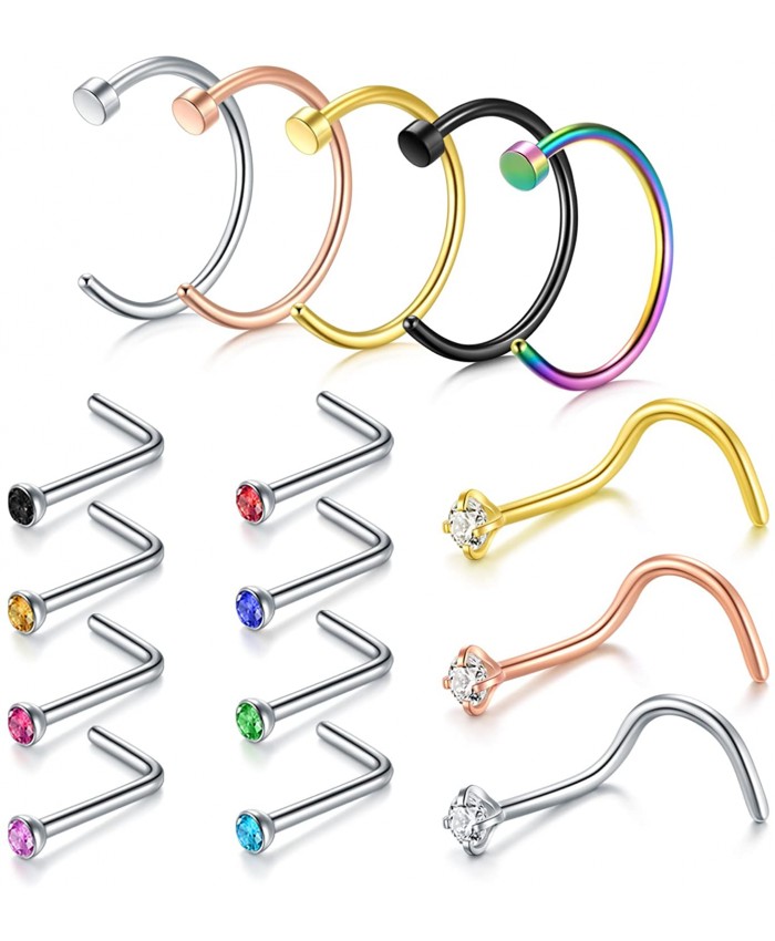 Incaton Nose Ring 16PCS 316L Surgical Stainless Steel Body Jewelry Piercing Nose Hoop Ring and L Shaped Ring