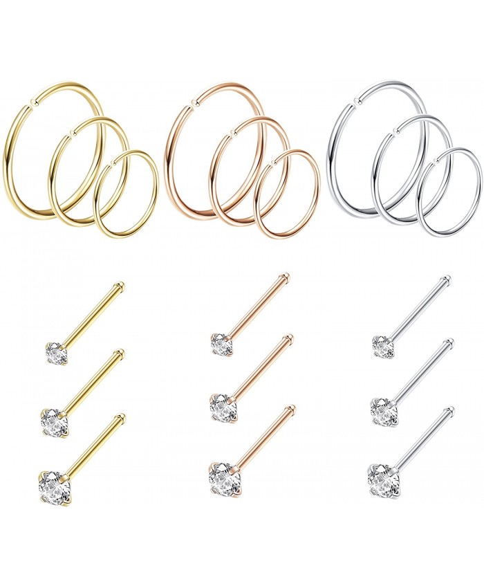 Jstyle 18Pcs Nose Rings Hoop Stainless Steel 20G Screw CZ Nose Studs Piercing Ring Hoop Body Jewelry Set