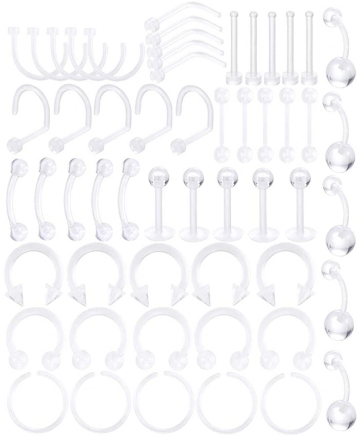 Jusway 55pcs Clear Piercing Retainers Flexible Bioflex 14G 16G 20G Navel Belly Button Ring Lip Labret Piercings Retainer Eyebrow Tongue Barbells Cartilage Tragus Earrings Retainer