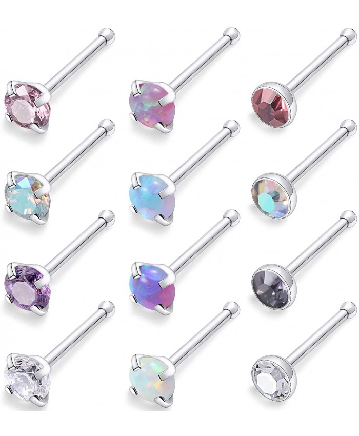 Kridzisw 18G 12Pcs Stainless Steel Stud Nose Ring CZ Nose Pin Bone Body Piercing Jewelry for Womens Mens