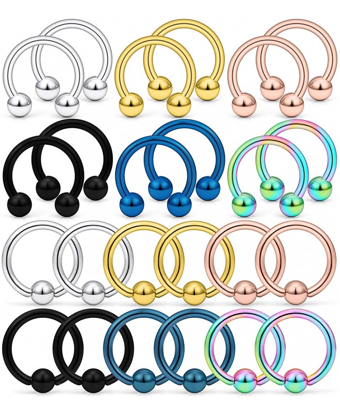 Kridzisw 24PCS 16G Surgical Steel Horseshoe Captive Bead Nose Hoop Ring Septum Eyebrow Lip Cartilage Helix Tragus Earring Hoop Rings Piercing Jewelry for Women Men 10mm Mix Color