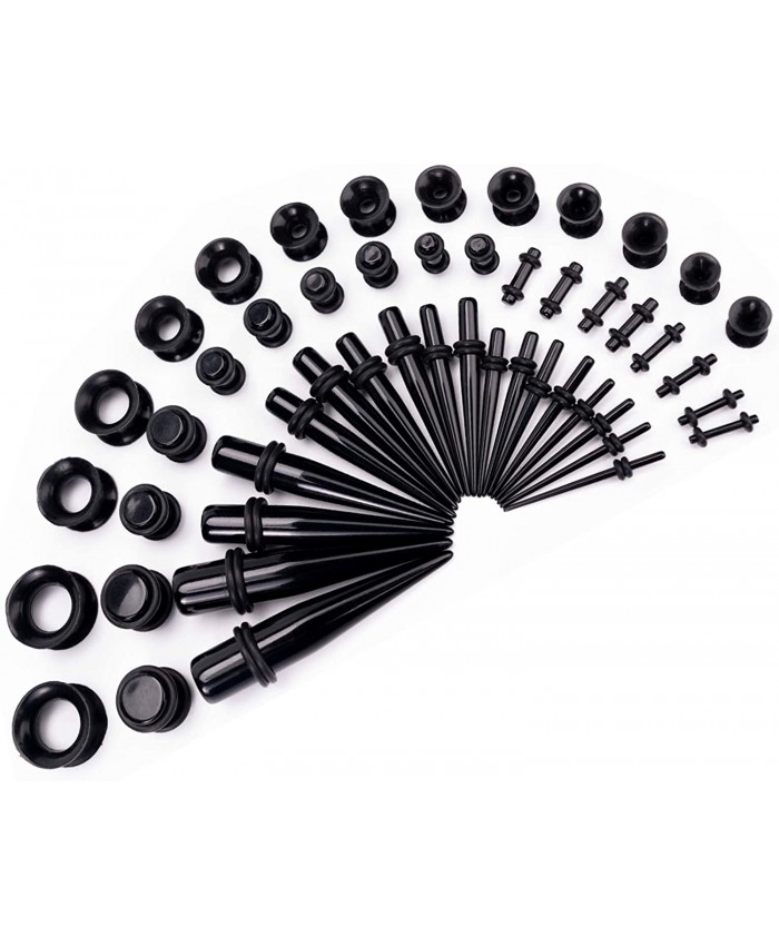 LLGLTEC Ear Stretching Kit 50 Pieces 14G-00G Ear Gauges Expander Set Acrylic Tapers and Plugs & Silicone Tunnels Body Piercing Jewelry Set Black
