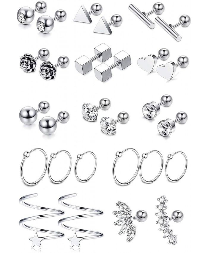 LOYALLOOK 14 Pairs 18G Stainless Steel Flower Heart Star Cartilage Earring CZ Inlaid Barbell Helix Stud Earrings Hoop Tragus Earring Piercing Jewelry