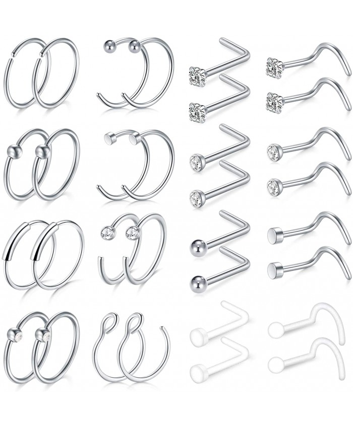 MODRSA 18G Nose Rings Hoop Surgical Steel Nose Rings Studs Screw L-Shaped Nose Stud Tragus Cartilage Helix Earrings Hoop 28pcs Nose Piercing Jewelry Set 32pcs - silver kit