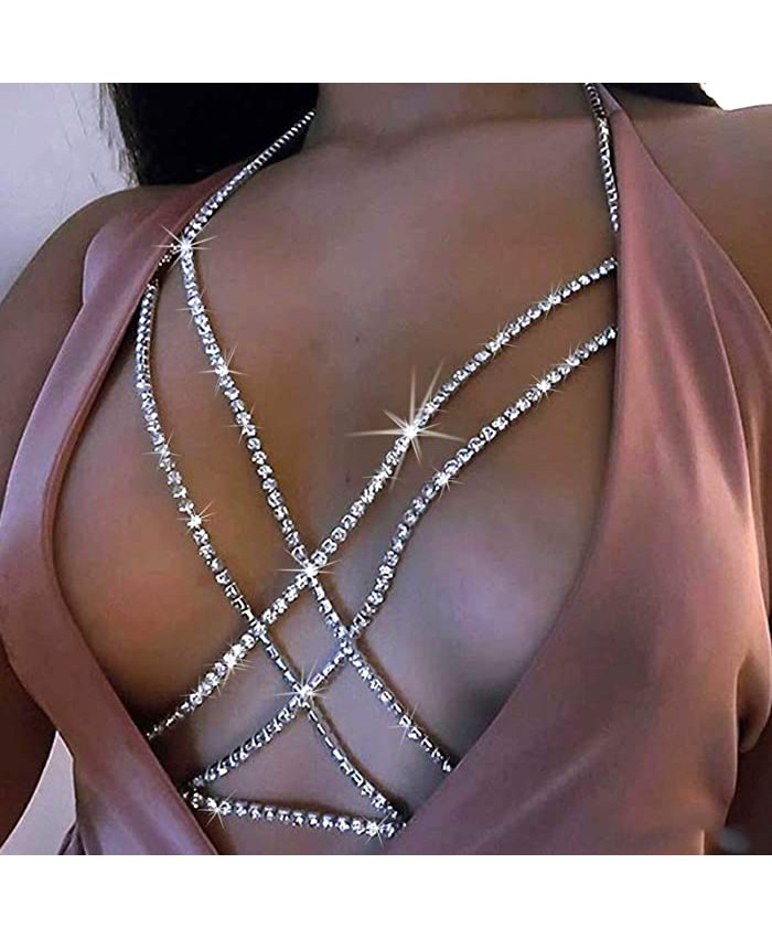 Nicute Boho Body Chain Rhinestone Bikini Bra Chains Summer Costumes Body Jewelry for Women and Girls Silver
