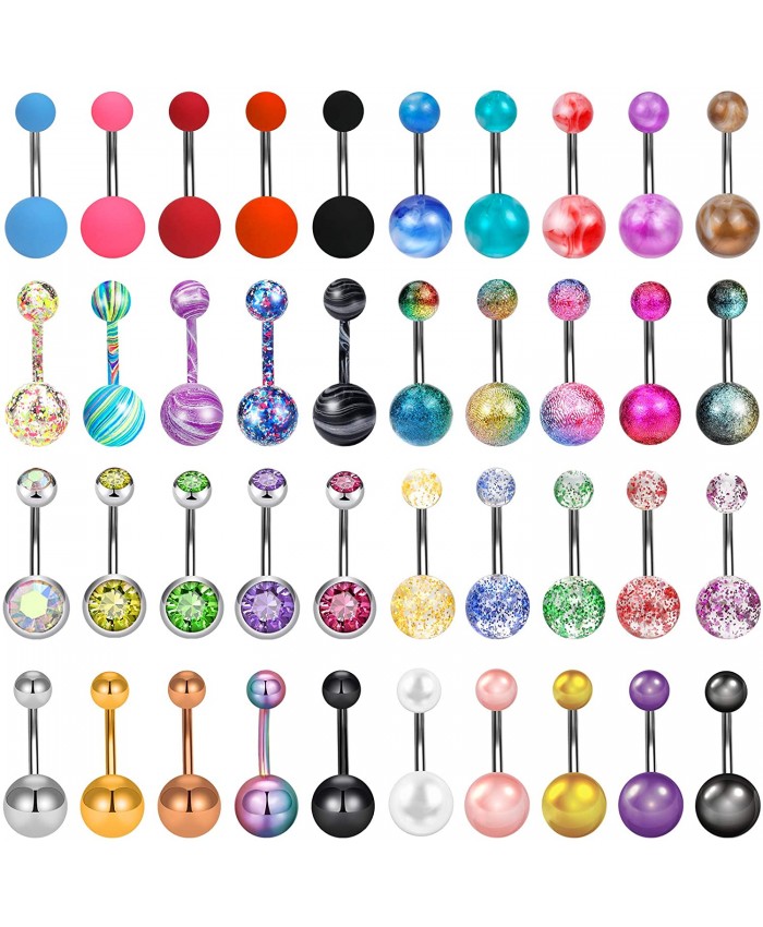 ONESING 40 Pcs 14G Belly Button Rings Belly Rings for Women Belly Piercing Jewelry Belly Barbells Navel Rings Body Piercing Jewelry Stainless Steel Jewelry Silver Ring Body Bar