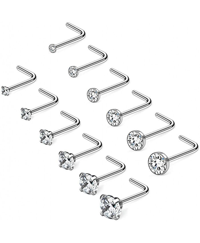 Ruifan 12PCS 20G 316L Surgical Steel 1.5mm 2mm 2.5mm 3mm 3.5mm 4mm Clear Round Diamond Cubic Zirconia Crystal Nose L Shaped Studs Rings Piercing Jewelry - Silver