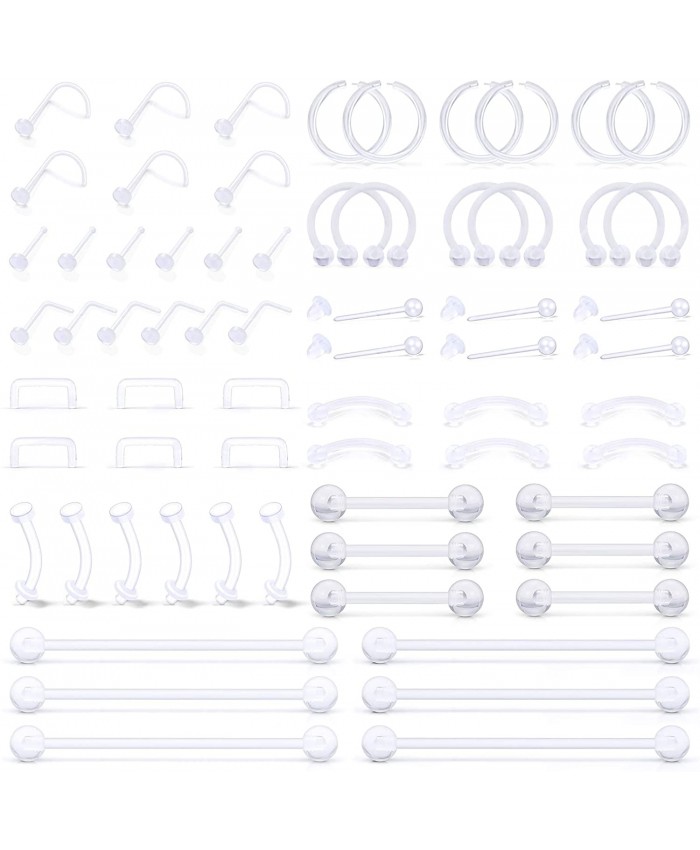 SCERRING 66PCS Clear Piercing Retainer Septum Retainers Nose Studs Flexible Lip Ear Nose Hoop Tongue Rings Nipple Ring Cartilage Rook Daith Earrings Plastic Industrial Piercing Jewelry Retainer