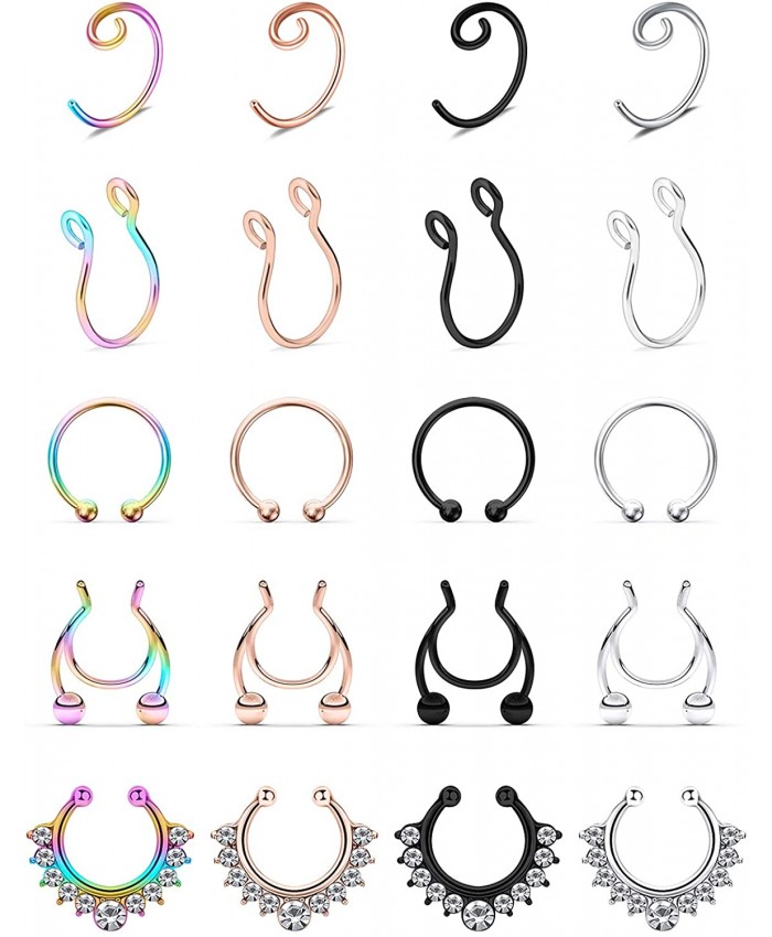 SCERRING Fake Septum Nose Hoop Rings Stainless Steel Faux Lip Ear Nose Septum Ring Non Piercing Clip On Nose Hoop Rings Body Piercing Jewelry 20PCS Mix Color 1#