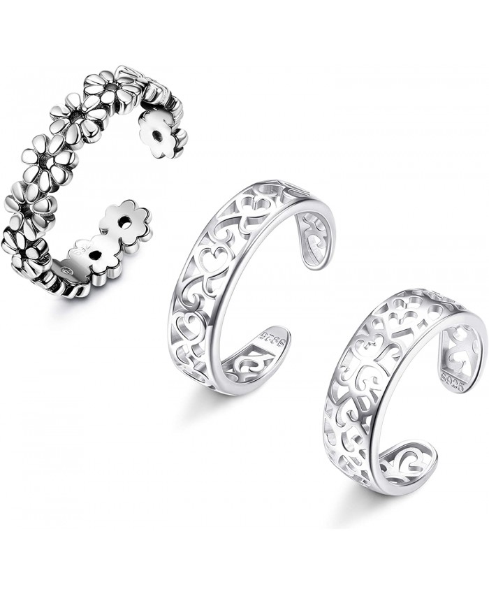 Sllaiss 925 Sterling Silver Toe Rings for Women Hypoallergenic Adjustable Open Toe Rings Tail Finger Flower Rings Set 3Pcs Foot Jewelry Style A