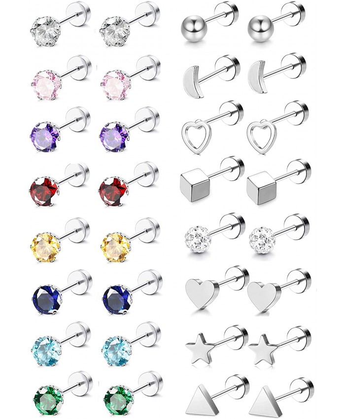 Thunaraz 16Pairs 20G Stainless Steel Cartilage Stud Earrings Set for Women Men Barbell Cartilage Helix Tragus Ear Piercing CZ Screwback Earrings Set Ear Lobe Piercing Jewelry