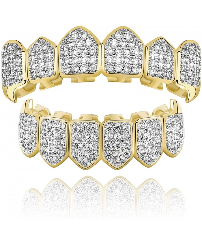 TOPGRILLZ Diamond Grills 18K Gold Plated Fully Iced Out CZ Vampire Top and Bottom Face Mouth Grillz for Your Teeth Men Women with Extra Molding Bars