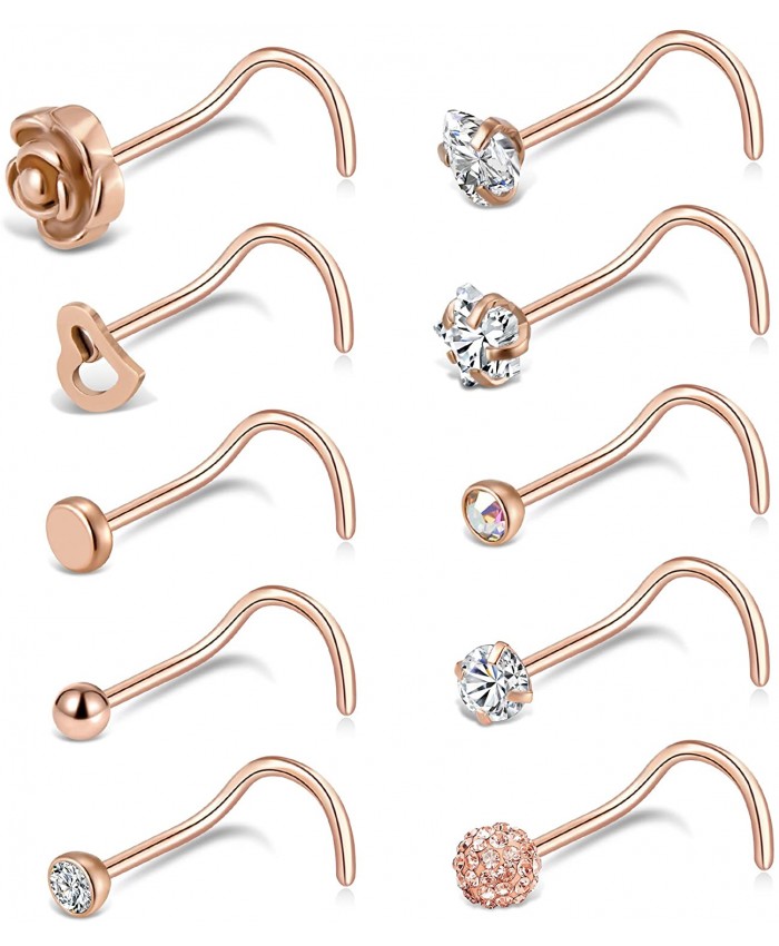 Tornito 20G 10Pcs Stainless Steel Nose Screw Studs Rings CZ Nose Ring Labret Nose Piercing Jewelry for Men Women Rose Gold Tone