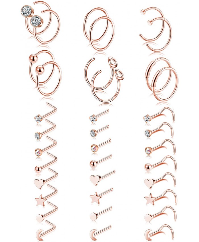 Tornito 20G 36Pcs Stainless Steel L Shaped Nose Ring CZ Nose Stud Retainer Labret Nose Piercing Jewelry A0：30Pcs Rose Gold Tone
